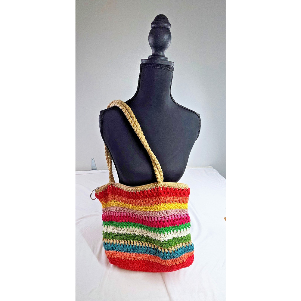 The Sak Crochet Rainbow Striped Tote Bag Rope Handle Lined Boho Shoulder - Picture 2 of 4